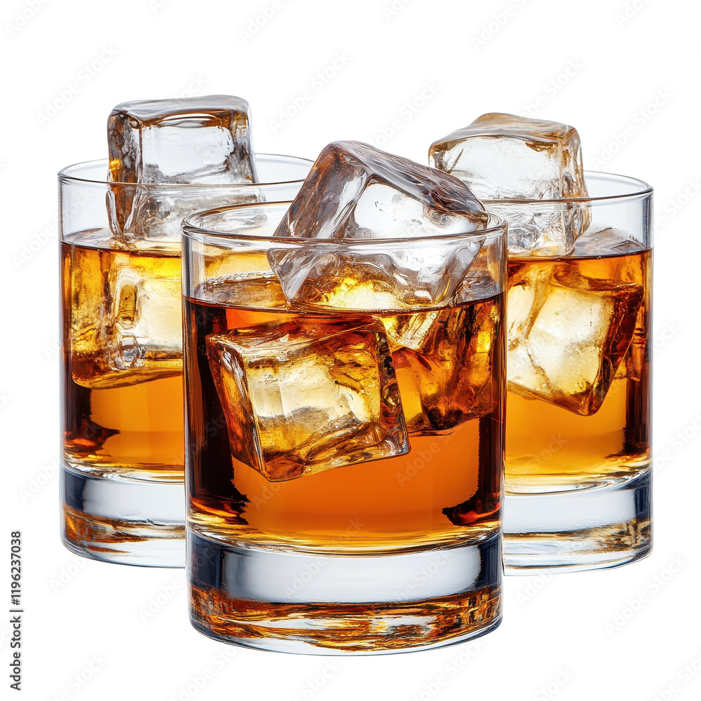 Three glasses of whiskey with ice cubes, perfect for a relaxed evening gathering. transparent background Three glasses of whiskey with ice cubes, perfect for a relaxed evening gathering. transparent background