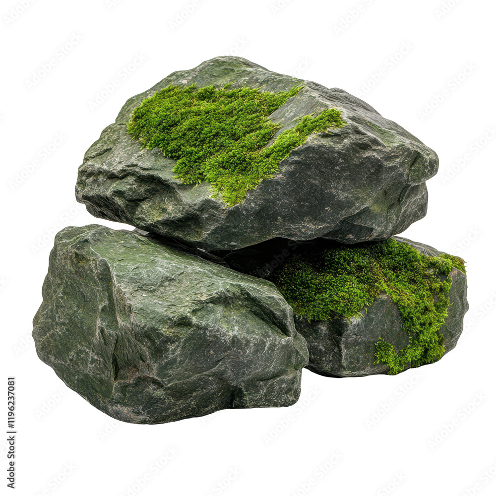 Three moss-covered rocks highlighting nature's beauty and sustainability. transparent background Three moss-covered rocks highlighting nature's beauty and sustainability. transparent background