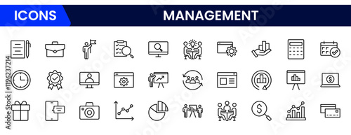 Management set of web icons inline style. Business or organization management icons for web and mobile apps. Time management, planning, project, startup, marketing. Vector illustration