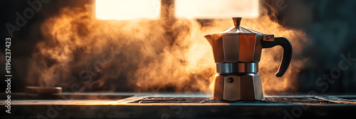 Coffee beans in Moka pot and smoke. Brewing black coffee using Moka coffee maker.	