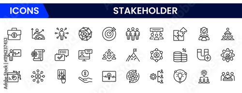Stakeholder outline icons set. Business, teamwork, trade unions, suppliers, government, customers, creditors, community, investors and partners.