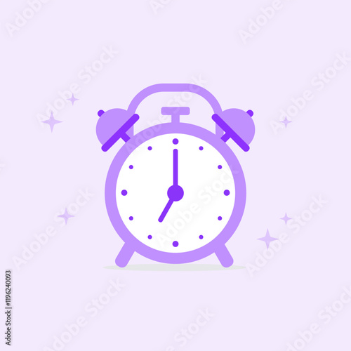 Alarm clock on purple background. Clock, timer on purple background. Wake up, get up, time to sleep concept. Flat vector illustration. 