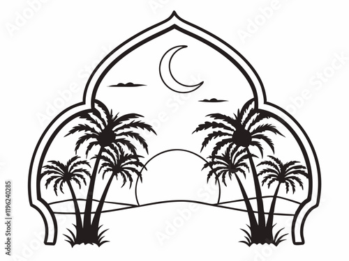 Coloring Page of Palm Trees at Sunset Crescent Serenity 