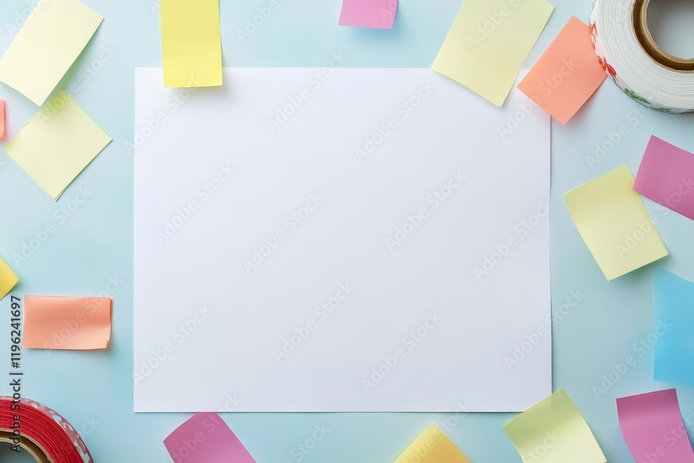 Fototapeta premium Blank paper, notes, tape, pastel, flatlay, desk, background, planning
