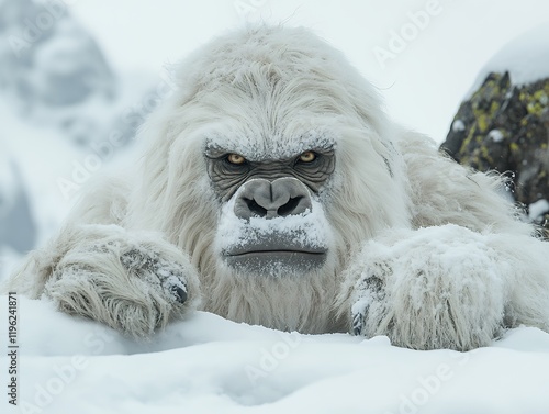A majestic yeti peers from the snow, its intense gaze captivating.  A stunning winter scene.
