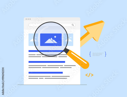 SEO Optimization for Image Search. Enhance visibility in image search by using optimized alt tags, descriptions and metadata. Search results with highlighted seo image. Isolated vector illustration