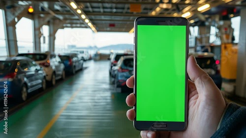 Wallpaper Mural Man's hand holding smartphone at front of cars parked on a car ferry. Smartphone screen is a chroma key green screen. Torontodigital.ca