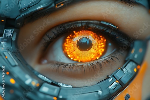 Close-up of a woman's eye with glowing orange cybernetic implant. photo