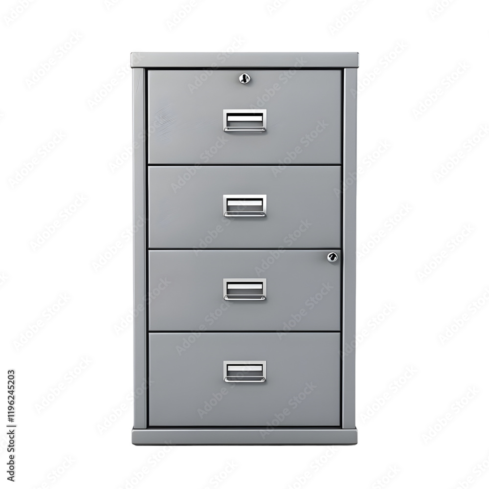 Grey metal filing cabinet with four drawers isolated on transparent background Grey metal filing cabinet with four drawers isolated on transparent background