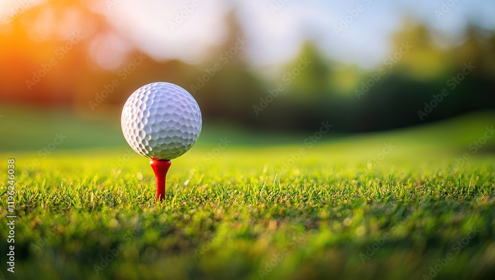 Golf Ball on Tee at Sunrise: A Perfect Start to a Game on a Lush Green Course Golf Ball on Tee at Sunrise: A Perfect Start to a Game on a Lush Green Course