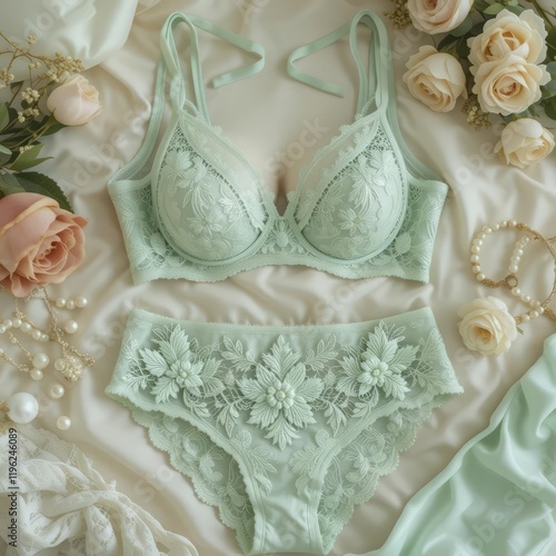 Mint green lace lingerie set floral embroidery with floral decoration photo