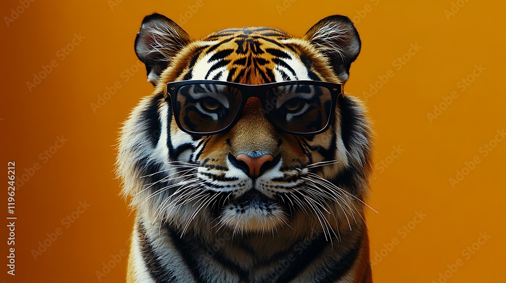 Naklejka premium A close-up of a tiger’s face wearing sleek black sunglasses, its piercing eyes just visible above the frames, set against a vibrant orange background