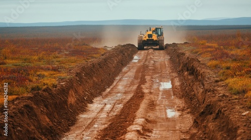 Arctic Construction: A Yellow Tractor Digs a Trench Across the Tundra photo