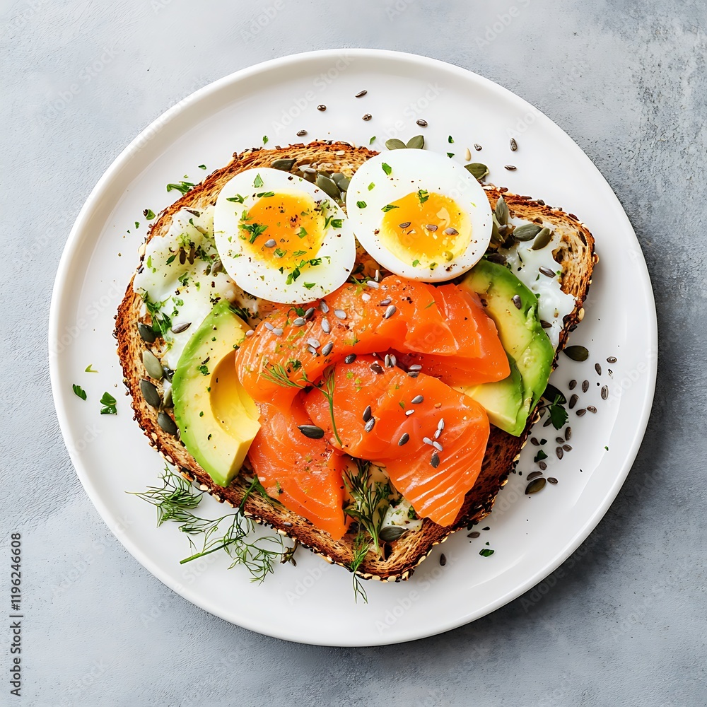 Healthy open sandwich with salmon, avocado, eggs and sunflower seeds Healthy open sandwich with salmon, avocado, eggs and sunflower seeds