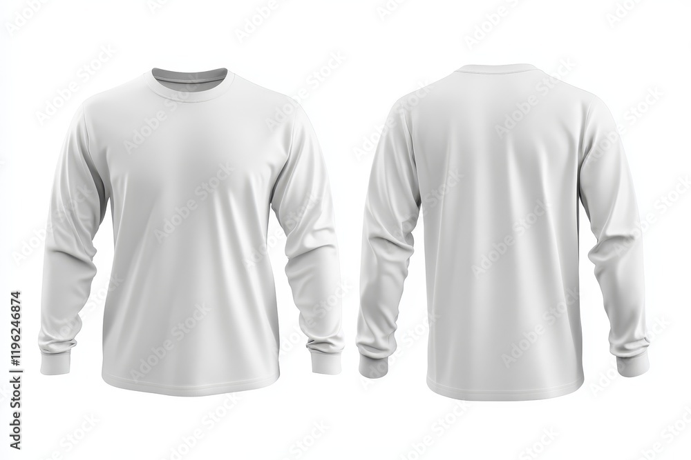 White long sleeve t-shirt mockup, front and back views, isolated on white. White long sleeve t-shirt mockup, front and back views, isolated on white.