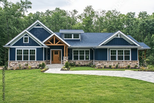 Suburban blue house, wood entry, green lawn, trees