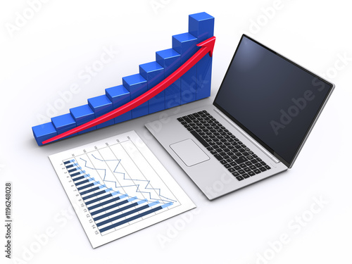 Wallpaper Mural 上昇する3Dグラフとビジネス資料とノートパソコン、ビジネスの成功イメージ Torontodigital.ca
