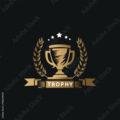 Award trophy logo with elegant design of gold colored trophy in hexagon shape, accompanied by three stars. This logo is perfect for use in award events,