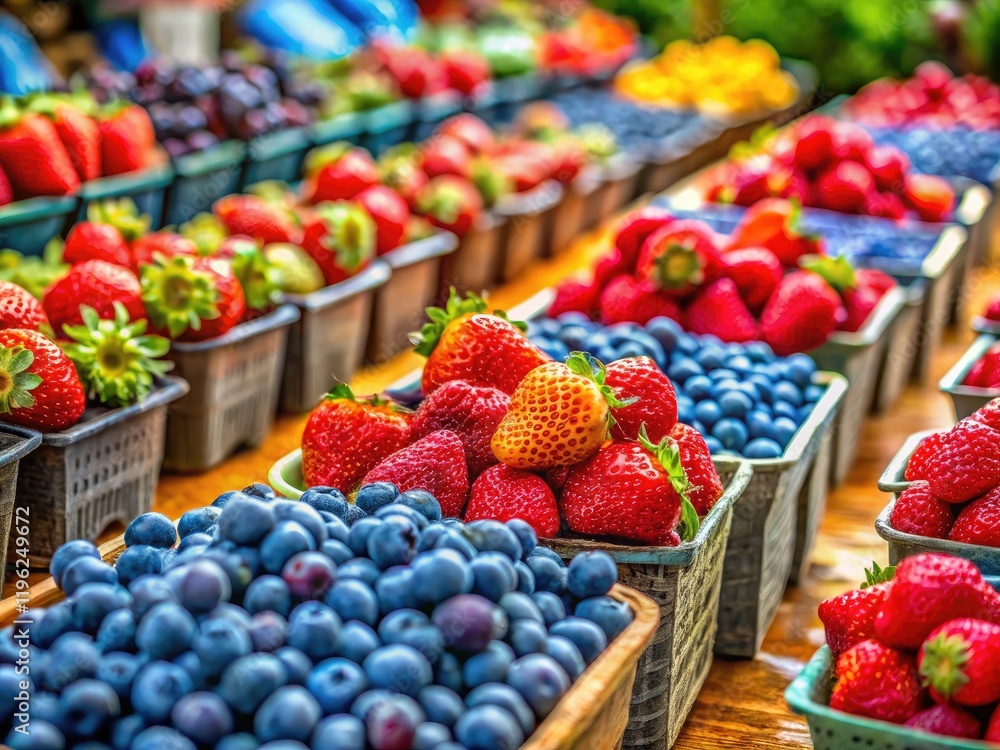 Quebec's Montreal Market bursts with vibrant blueberries and strawberries, a tilt-shift miniature wonderland. Quebec's Montreal Market bursts with vibrant blueberries and strawberries, a tilt-shift miniature wonderland.