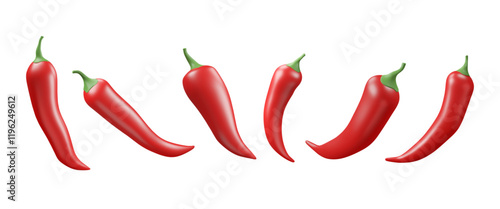 Set of 3d chili capsicum pepper. Various red hot vegetables. Cayenne ingredient. Fresh organic product. Cartoon vector illustration. Farm food objects.