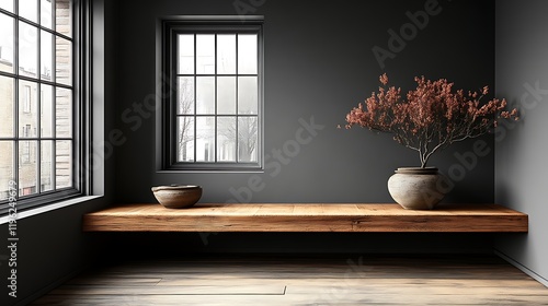 Dark room with wooden shelf  plant  and bowls.