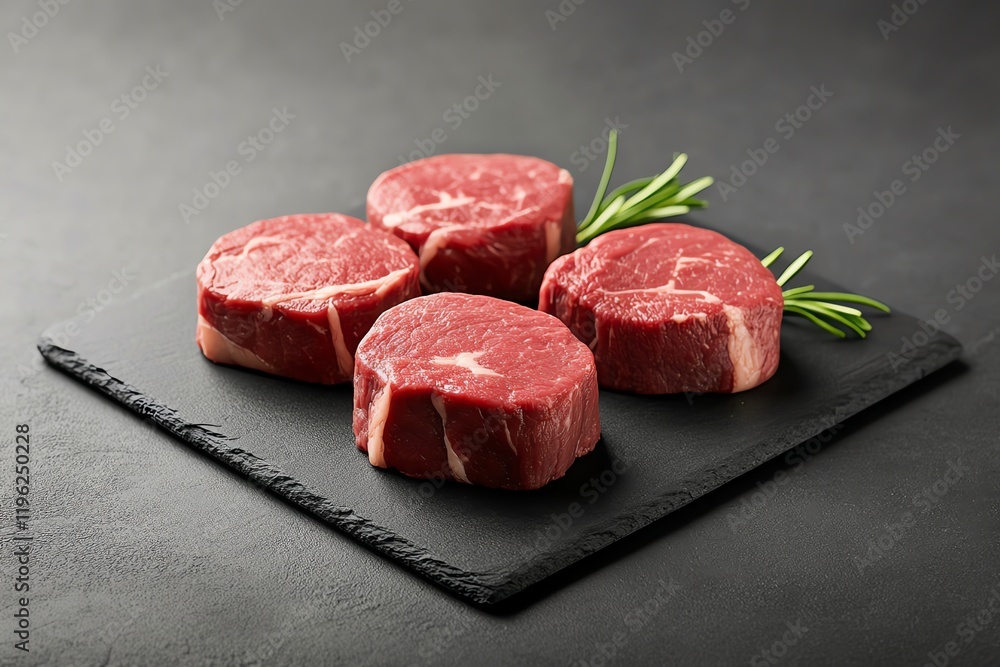 Fresh beef fillets on slate plate with rosemary garnish, ready for gourmet cooking. Fresh beef fillets on slate plate with rosemary garnish, ready for gourmet cooking.