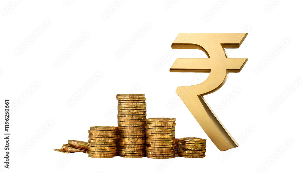 3D rendering of a golden Indian Rupee symbol (₹) standing beside stacks of golden coins, all on a golden background transparent png
