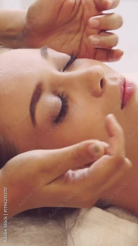 Relaxed woman lying on spa bed for facial and head massage spa treatment by massage therapist in a luxury spa resort. Wellness, stress relief and rejuvenation concept. Relaxed woman lying on spa bed for facial and head massage spa treatment by massage therapist in a luxury spa resort. Wellness, stress relief and rejuvenation concept.