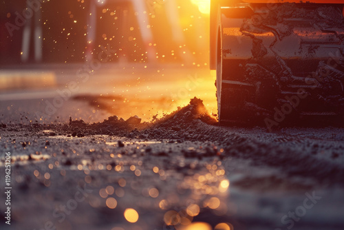 A heavy vibration roller compactor works diligently to lay down fresh asphalt at a busy construction site, showcasing the process of road building and infrastructural development. photo