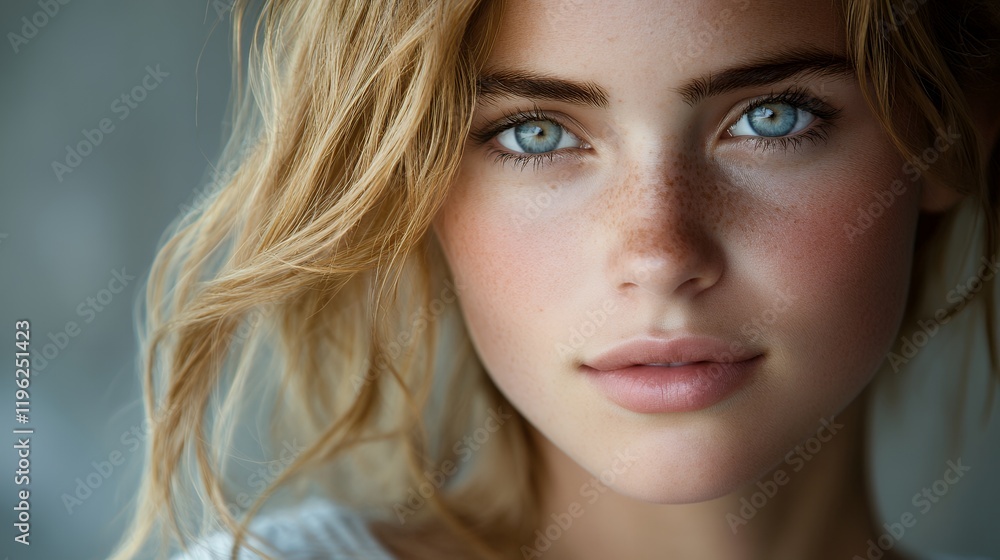 Fototapeta premium Stunning close-up portrait of a young woman with beautiful blue eyes and freckles. The image focuses on her facial features.