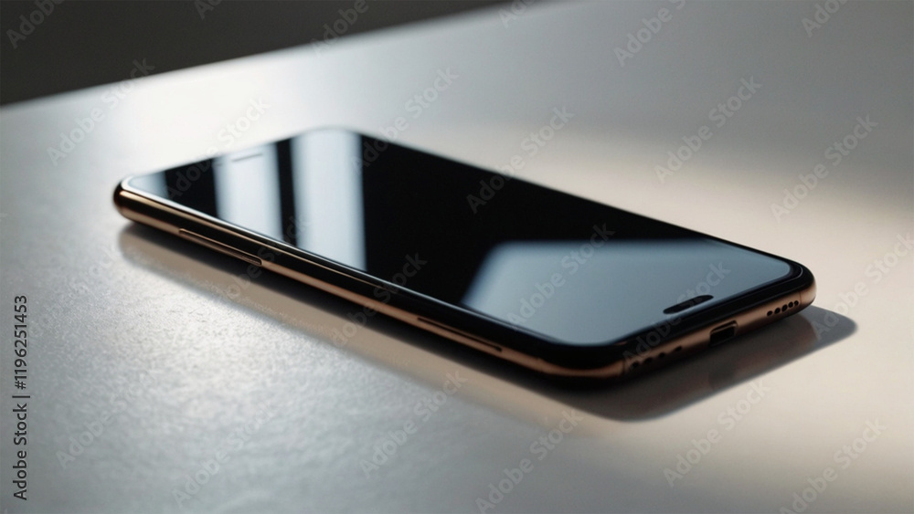 Minimalist smartphone with a black screen placed on a wooden table, surrounded by soft natural lighting and subtle reflections Minimalist smartphone with a black screen placed on a wooden table, surrounded by soft natural lighting and subtle reflections