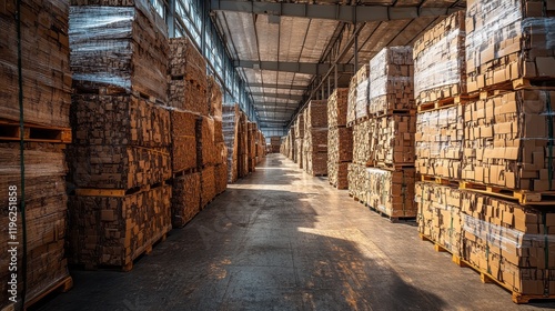 Wallpaper Mural Large Warehouse with Stacked Cardboard Boxes in Sunlit Aisle Torontodigital.ca