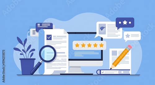 Content research and writing, publishing article blog on web and social media, conceptual vector illustration.
