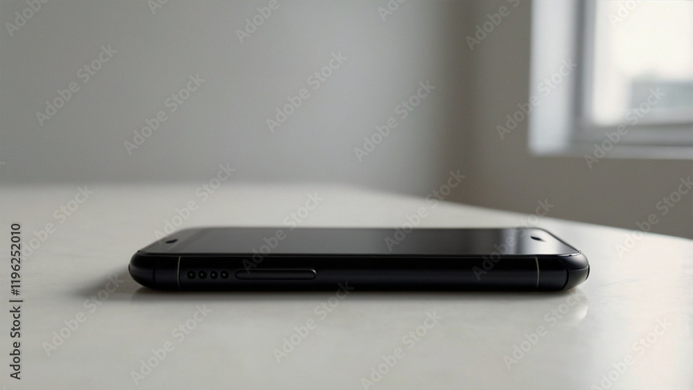 Minimalist smartphone with a black screen placed on a wooden table, surrounded by soft natural lighting and subtle reflections Minimalist smartphone with a black screen placed on a wooden table, surrounded by soft natural lighting and subtle reflections