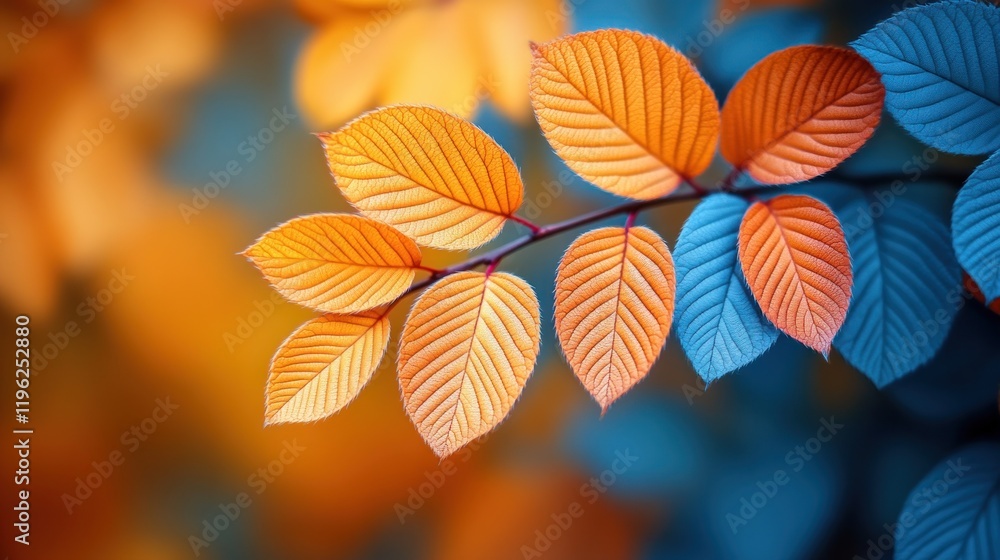 Autumn leaves branch, forest bokeh background, nature Autumn leaves branch, forest bokeh background, nature
