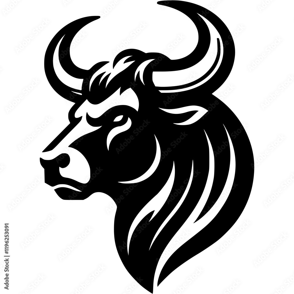 Tattoo of bull with large horns and powerful neck in monochrome. Wild bull side view. Engraving minimalistic vector in black ink drawing on transparent background Tattoo of bull with large horns and powerful neck in monochrome. Wild bull side view. Engraving minimalistic vector in black ink drawing on transparent background