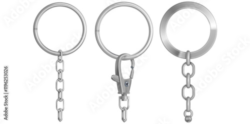 Collection Of Realistic Key Rings With Chain Vector Illustration.	