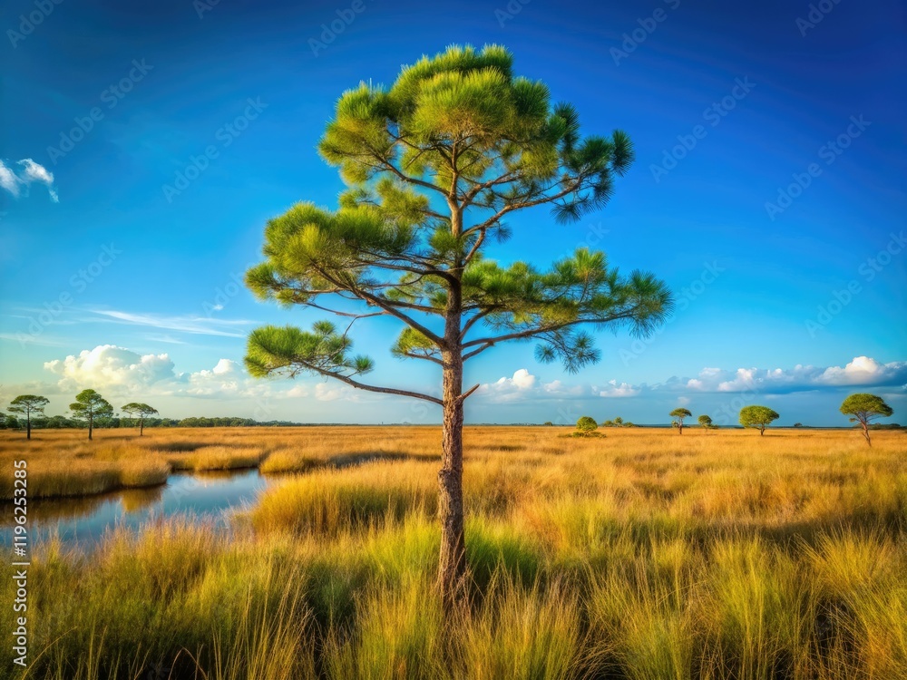 Fototapeta premium South Florida's marsh pines stretch towards a vibrant blue sky, a nature reserve's serene beauty captured.