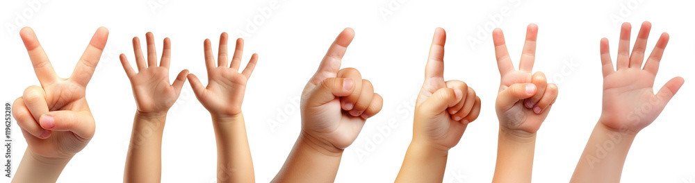 Child hands showing different gestures isolated on transparent background