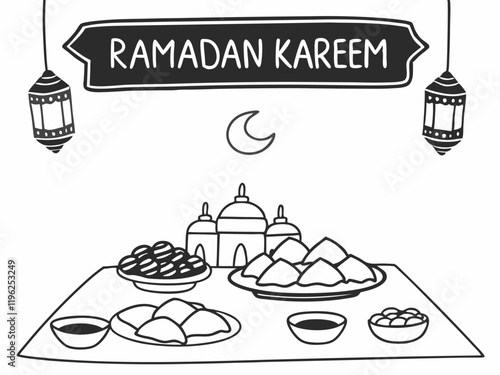Iftar Table with Traditional Foods coloring page line art vector design 