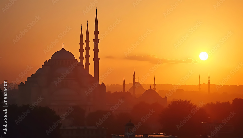 Fototapeta premium A time-lapse of a sunrise behind a mosque with the silhouette of its minarets and the call to prayer echoing in the background.