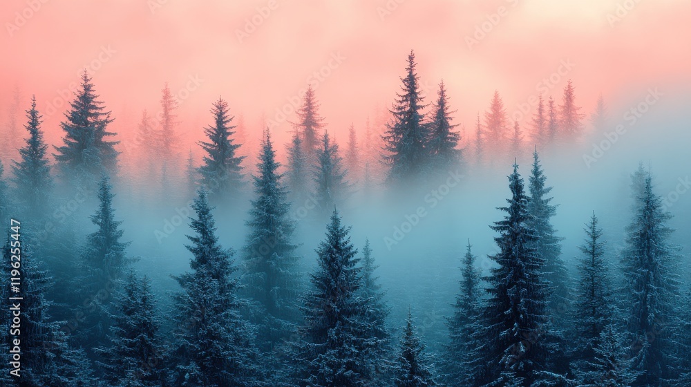 Fototapeta premium Misty Sunrise Over Snow-Covered Forest A Serene Winter Landscape