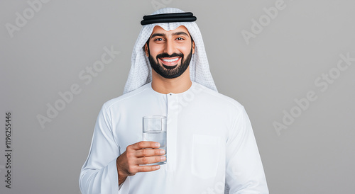 Close up of an Arab man modeling Articial Intelligence holding water in a glass, mineral water in a glass held by an Arab man modeling Articial Intelligence. photo