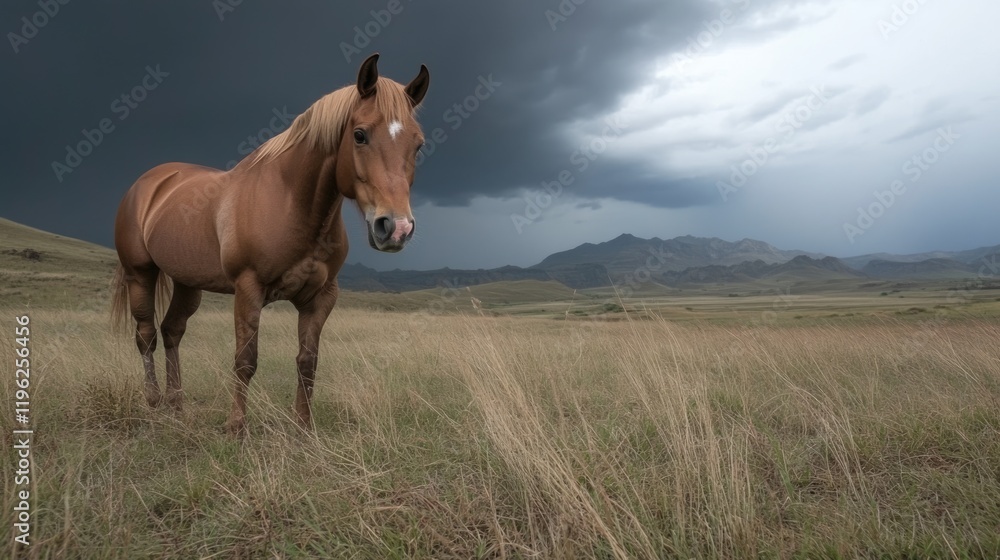 A beautiful horse stands confidently in a wide-open field, with tall grass swaying gently. Dark clouds loom overhead, hinting at an approaching storm. The distant mountains add depth to the landscape A beautiful horse stands confidently in a wide-open field, with tall grass swaying gently. Dark clouds loom overhead, hinting at an approaching storm. The distant mountains add depth to the landscape