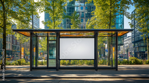 A white billboard sits in the middle of a city street. The billboard is empty, but the street is bustling with activity. Cars are driving by, and people are walking along the sidewalk