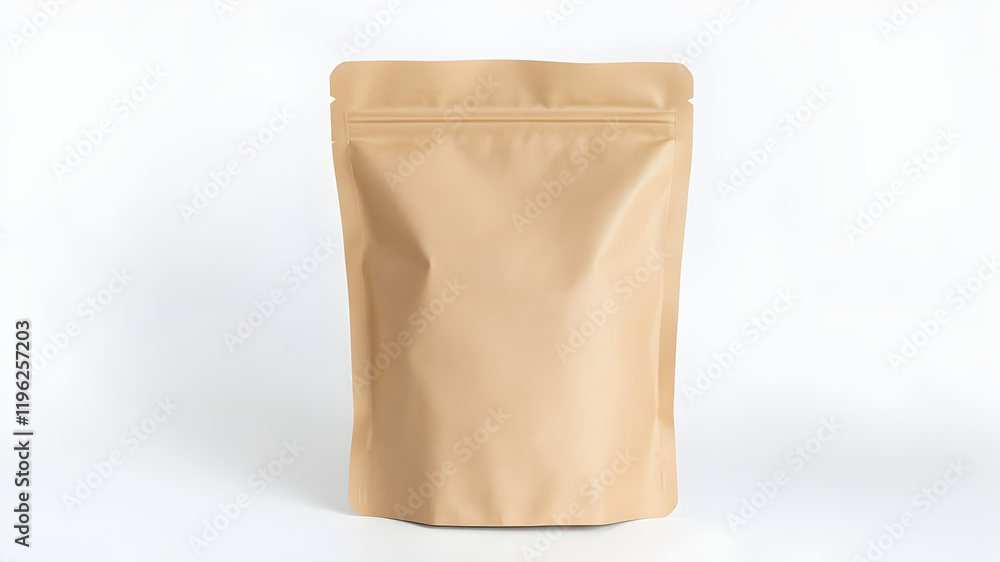A biodegradable brown paper pouch with a zip-lock top, soft texture highlighted by studio lighting, centered, isolated on white.