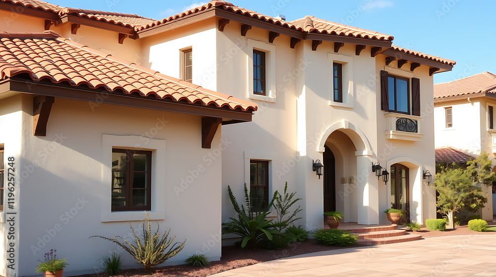 Fototapeta premium Mediterranean Style Luxury Home Exterior: Elegant Architecture and Landscaping