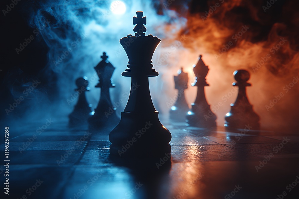 Chess pieces on a dark board with dramatic lighting and smoke. King in focus; concept of strategy and power Chess pieces on a dark board with dramatic lighting and smoke. King in focus; concept of strategy and power