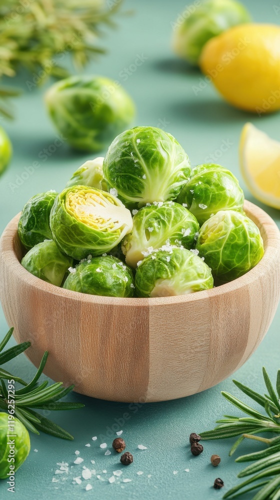 A wooden bowl filled with roasted Brussels sprouts garnished with fresh rosemary A wooden bowl filled with roasted Brussels sprouts garnished with fresh rosemary