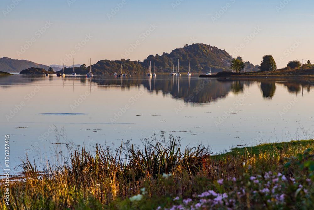 Scotland, Ardfern, Loch Craignish. Sailboats at anchor near the marina.